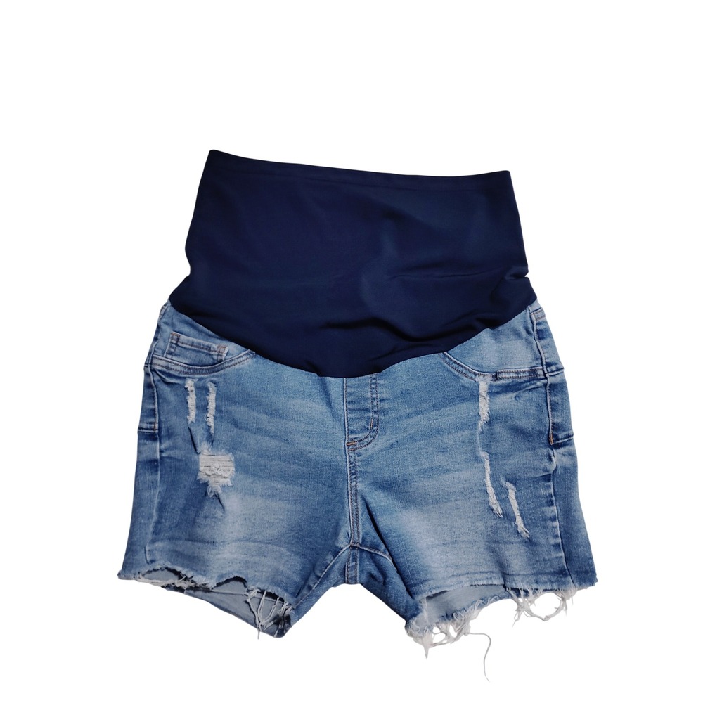 SONG Maternity Blue Distressed Denim Shorts‎ Over Belly Band Size M RN 100104
